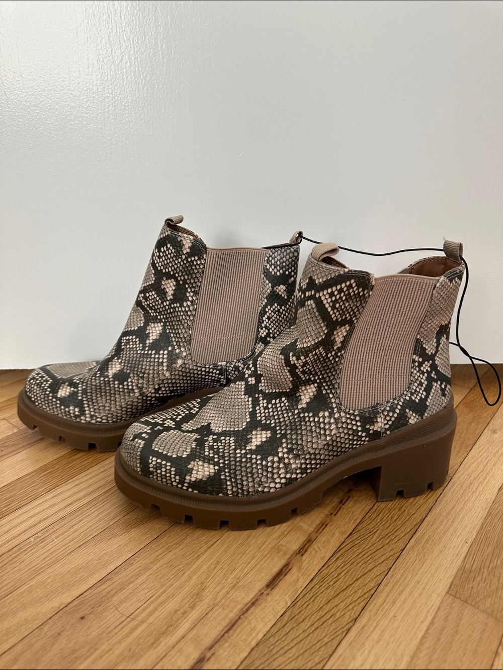 Universal Thread Snake-Print Chelsea Booties in Brown and Black